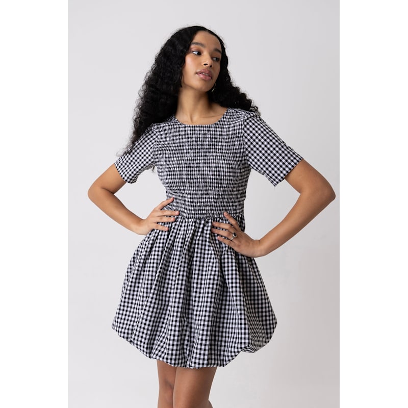 shirred gingham mini dress boohoo Women's Gingham Shirred Long Sleeve Mini Dress - Navy