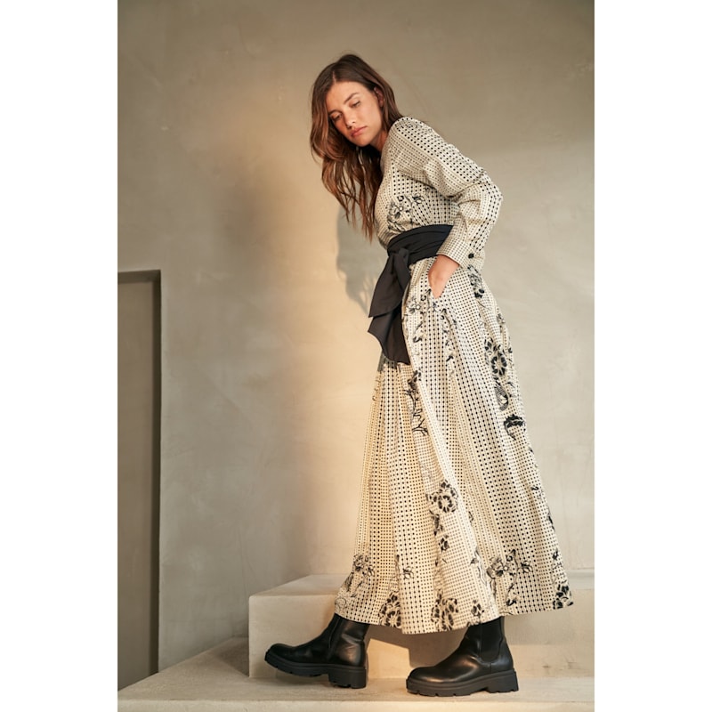 Dots-Flower-Print Maxi Dress With Detachable Wide Belt | Marianna Dri |  Wolf & Badger