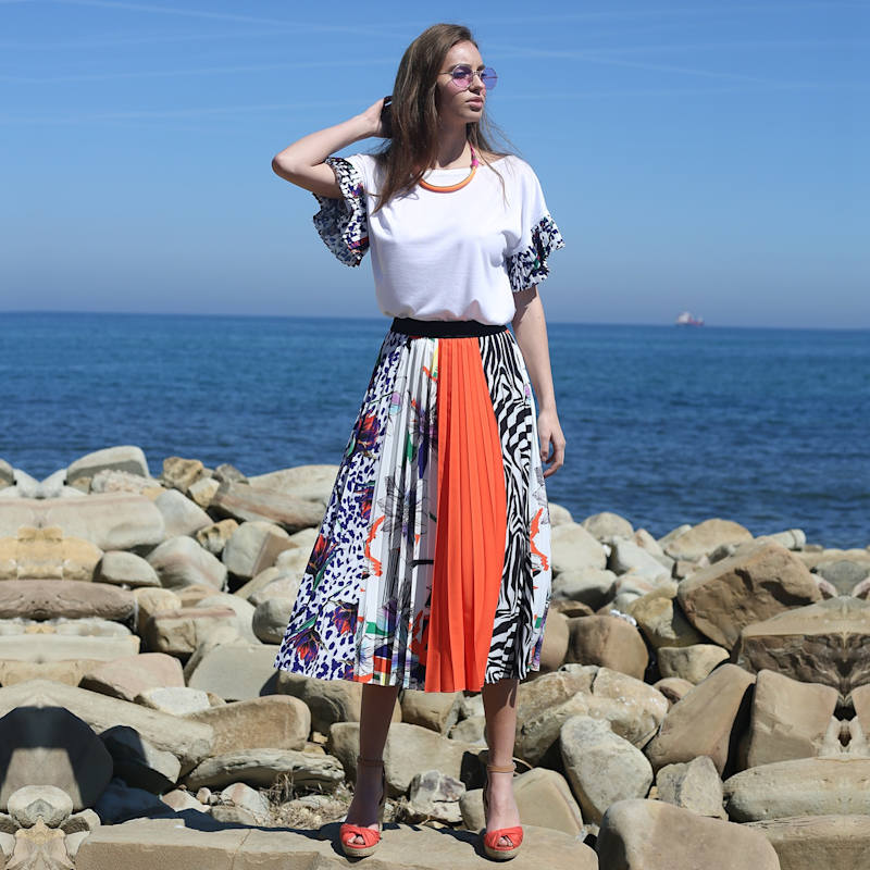 Multi-Color Flowers & Zebra Print Half-Circle Pleated Skirt