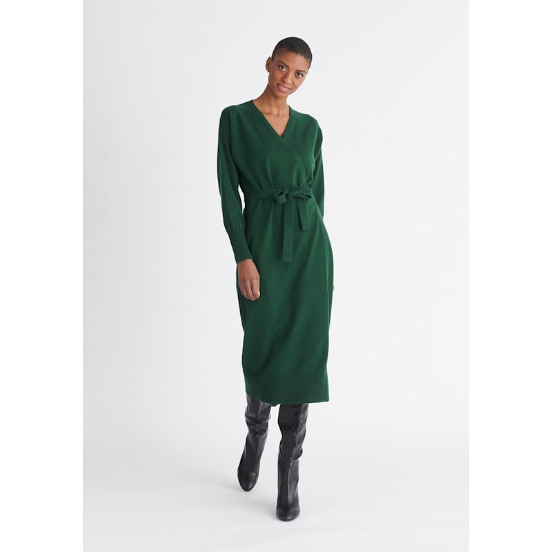 Knitted Wrap Dress In Dark Green | PAISIE | Wolf & Badger