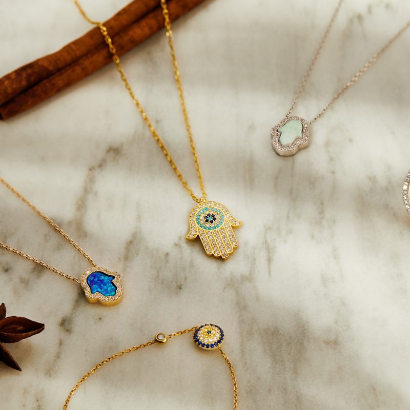 Thumbnail of Hamsa Opalite Turquoise Blue Necklace Gold image