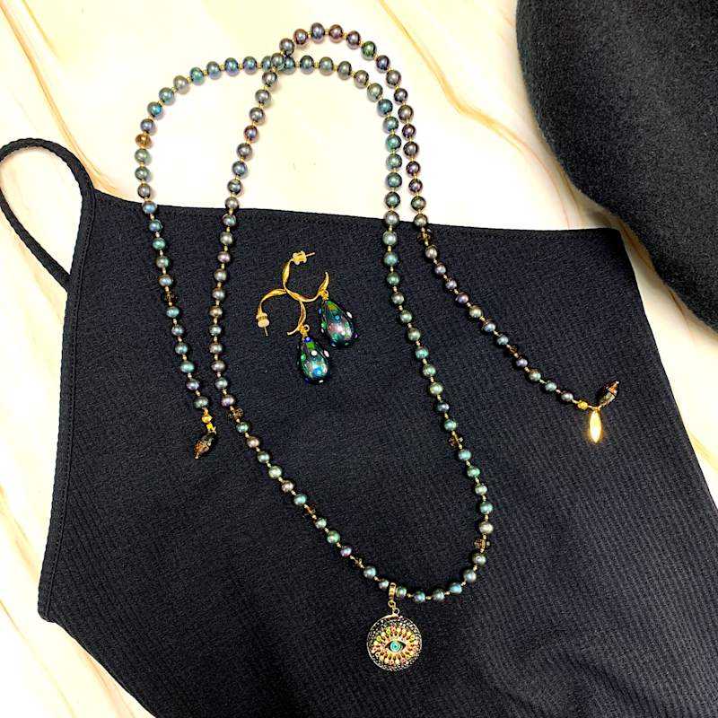 Thumbnail of Black Pearls With Evil Eye Dangle Open Ended Necklace image