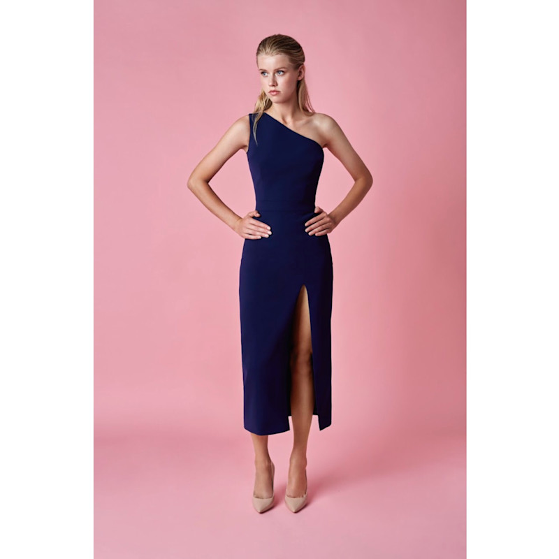 Nomi Fame Dori Royal Asymmetric Neckline Midi Dress - Blue