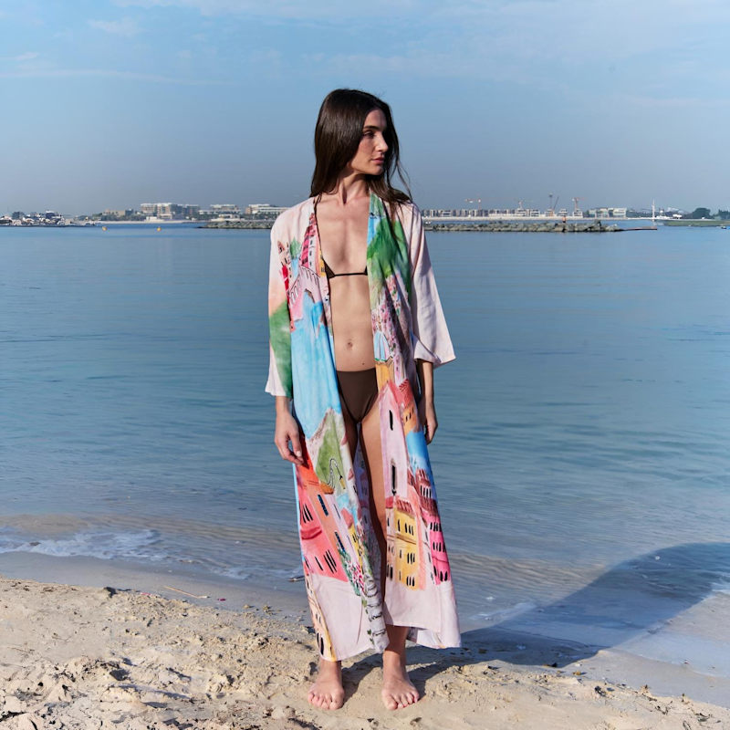 Thumbnail of La Riviera Printed Long Kimono - Pink & Multicolor image