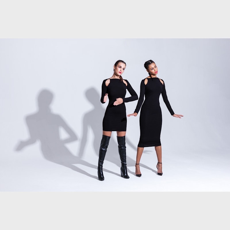 Thumbnail of La Vie En Rose Black Cold-Shoulder Cut-Out Sculpting Elastic Viscose Midi Dress Long Sleeves image