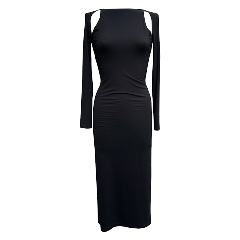 Thumbnail of La Vie En Rose Black Cold-Shoulder Cut-Out Sculpting Elastic Viscose Midi Dress Long Sleeves image