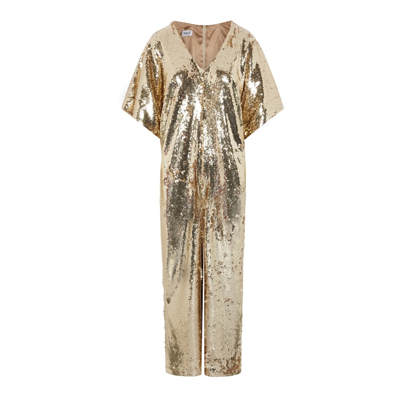 Gold Sequin Palazzo Jumpsuit With Satin Lining & Detachable Belt | NAL |  Wolf & Badger
