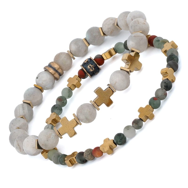 Thumbnail of Labradorite & Africa Bloodstone Gold Cross Beaded Bracelet Set - Multicolor image