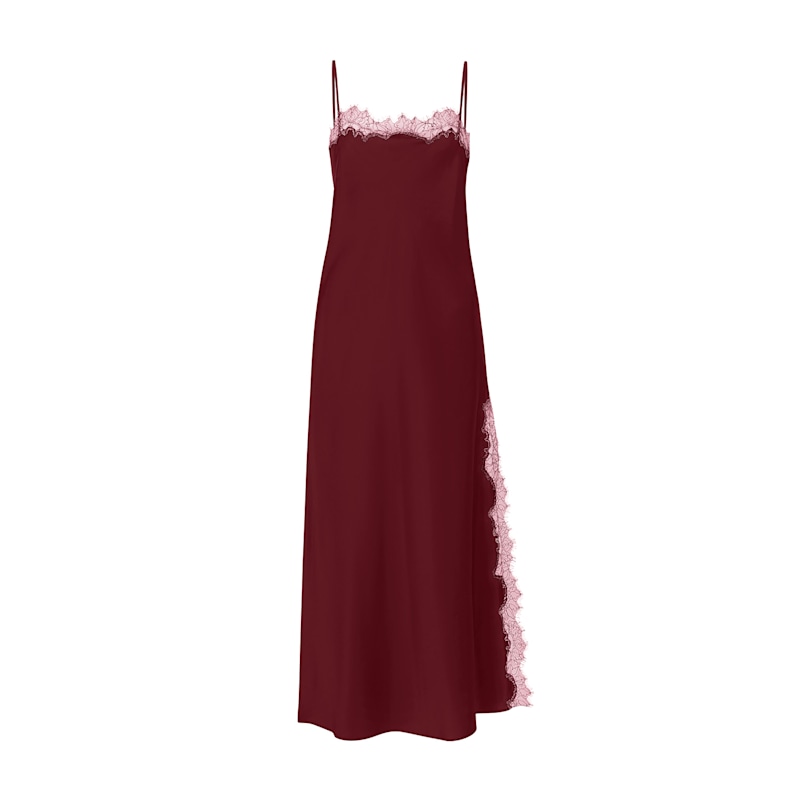 Lace Detailed Straight Neck Midi Dress With Slit - Burgundy | Avenue 8 |  Wolf & Badger