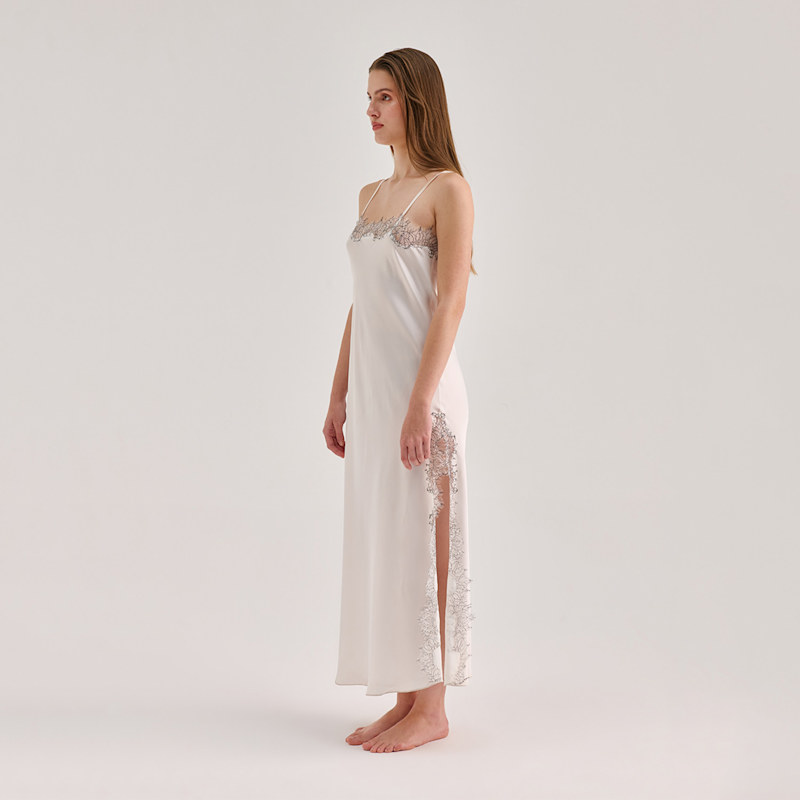 Thumbnail of Lace Detailed Straight Neck Midi Dress With Slit - White image