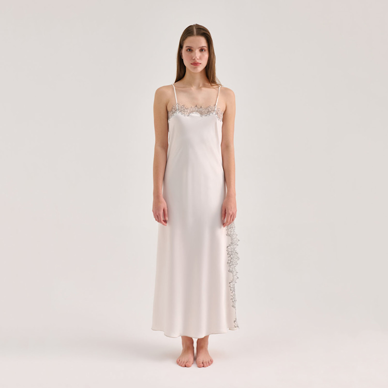 Thumbnail of Lace Detailed Straight Neck Midi Dress With Slit - White image