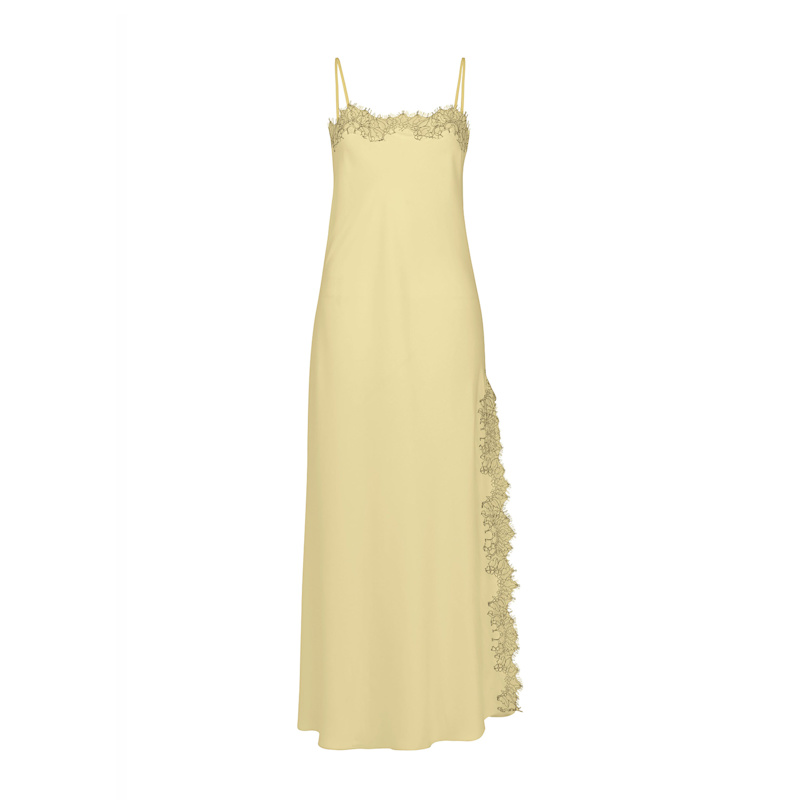 Lace Detailed Straight Neck Midi Dress With Slit - Buttermilk Yellow |  Avenue 8 | Wolf & Badger