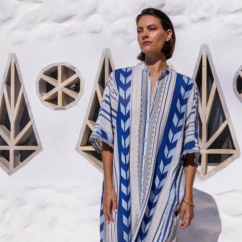 Thumbnail of Lace Insert Button-Down Embroidered Cotton Kaftan Blue Arrow image
