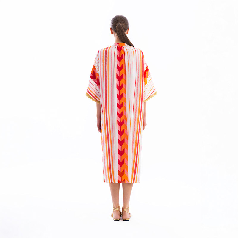 Thumbnail of Lace Insert Button-Down Embroidered Cotton Kaftan Red Arrow image