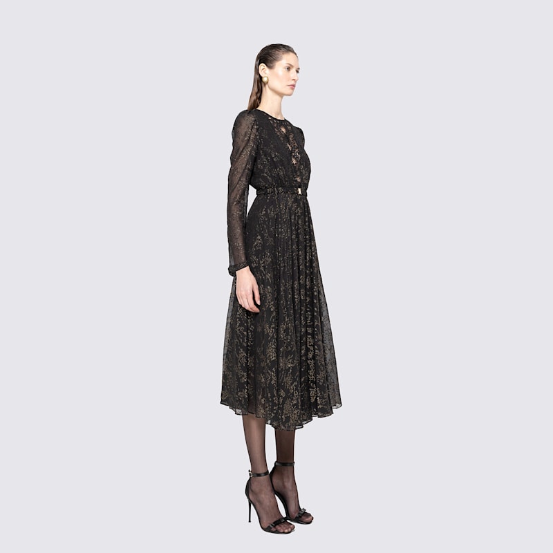 Nissa Lace Insert Chiffon Midi Dress - Black