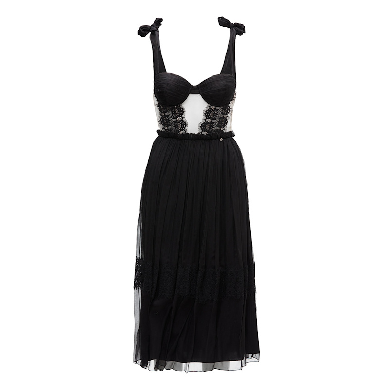 Women's Lace Insert Silk Dress Black | XXS | Nissa