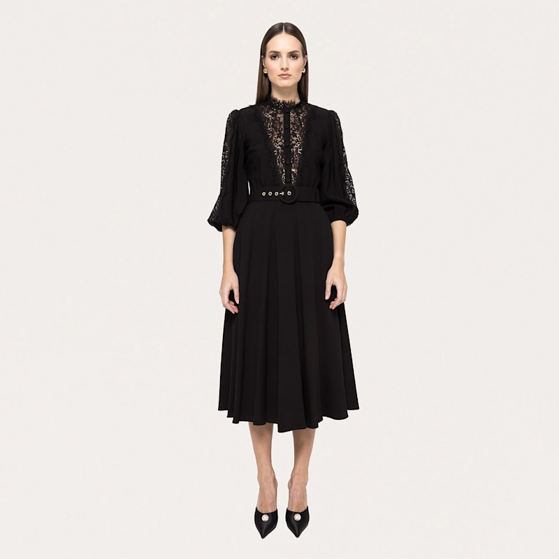 black lace insert midi dress Black Warehouse Velvet Mesh Lace Insert Midi Tea Dress