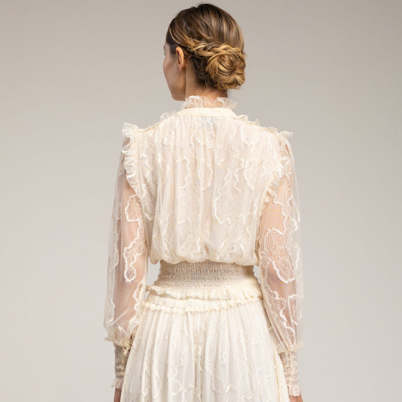 Thumbnail of Lace Top With Elasticated Cuffs And Waistband, V-Neck, And Straps image