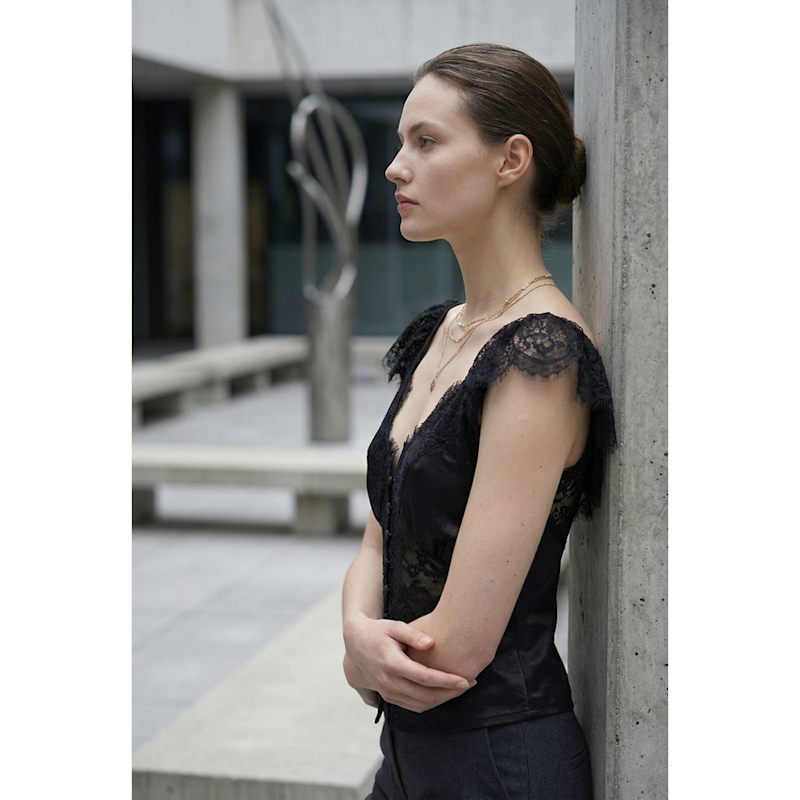 Thumbnail of Lace Trim Satin Corset Top With Flutter Sleeves image