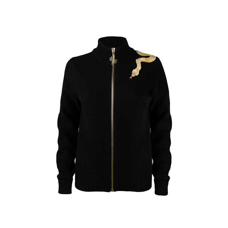 Thumbnail of Laines Couture Black Cashmere-Wool Zip Cardigan With Hand-Embellished Gold Shoulder Snake image