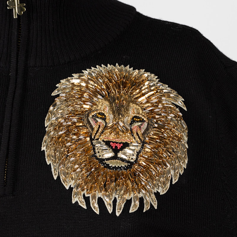 Thumbnail of Laines Couture Black Quarter Zip Jumper With Embellished Lion Head image