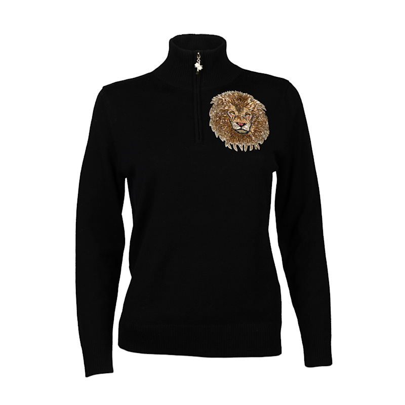 Thumbnail of Laines Couture Black Quarter Zip Jumper With Embellished Lion Head image