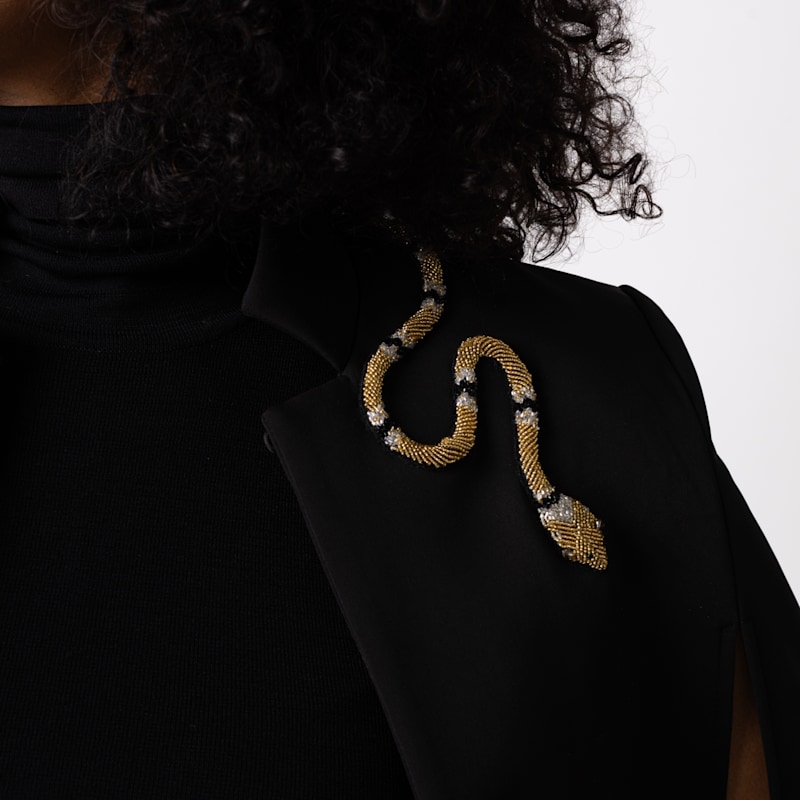 Thumbnail of Laines Couture Tailored Cape With Embellished Black & Gold Wrap Around Snake image