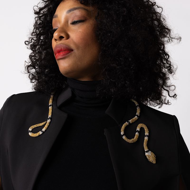 Thumbnail of Laines Couture Tailored Cape With Embellished Black & Gold Wrap Around Snake image