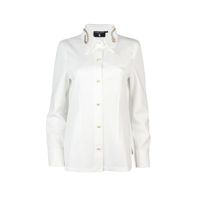 Laines London Couture Crystal & Pearl Snake Collar Women Shirt - White