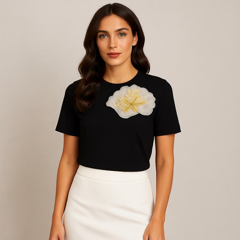 Thumbnail of Laines Couture Embellished Organza Ocean Shell Brooch T-Shirt - Black image