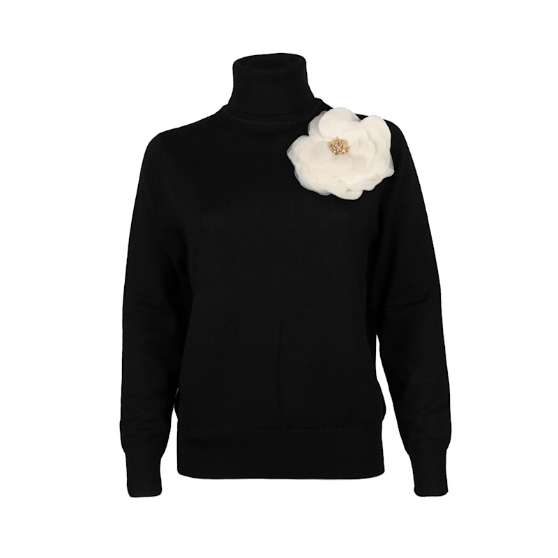 Thumbnail of Laines Couture Embellished Cream Corsage Knitted Roll Neck Jumper - Black image