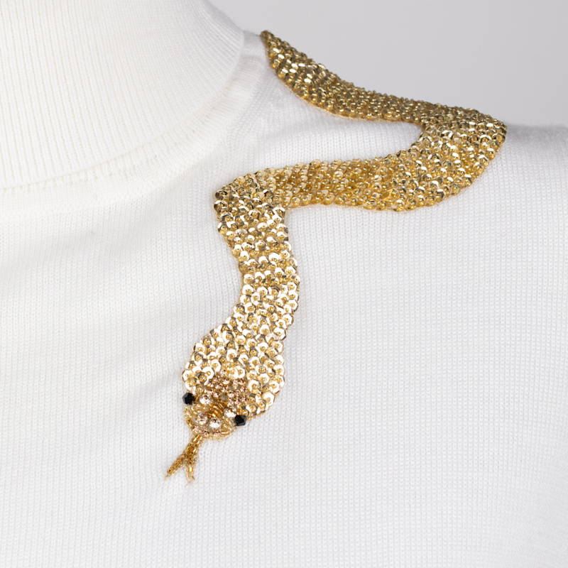 Thumbnail of Laines Couture Embellished Gold Shoulder Snake Knitted Roll Neck Jumper - Cream image