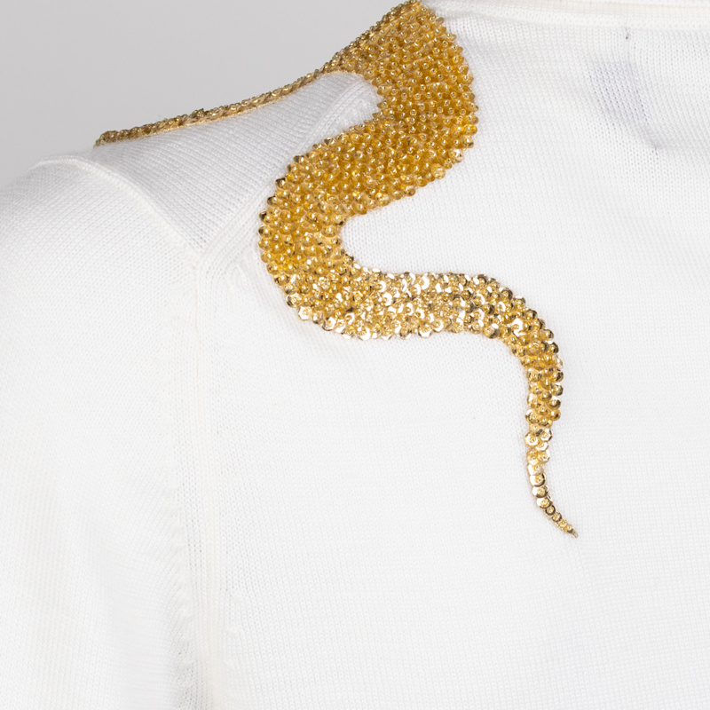 Thumbnail of Laines Couture Embellished Gold Shoulder Snake Knitted Roll Neck Jumper - Cream image