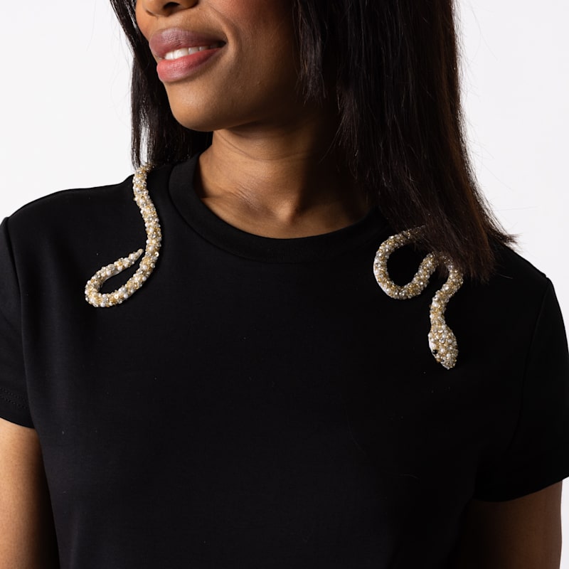 Thumbnail of Laines Couture T-Shirt Dress With Embellished Crystal Pearl Wrap Around Snake - Black image