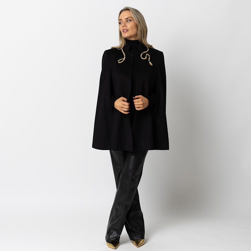 Thumbnail of Laines Couture Wool Blend Cape With Embellished Wrap Around Gold Snake - Black image