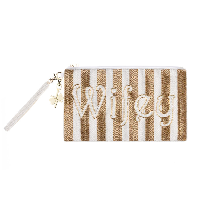 Thumbnail of Laines London Wedding Edit Gold & Cream Wifey Hand Beaded Clutch image