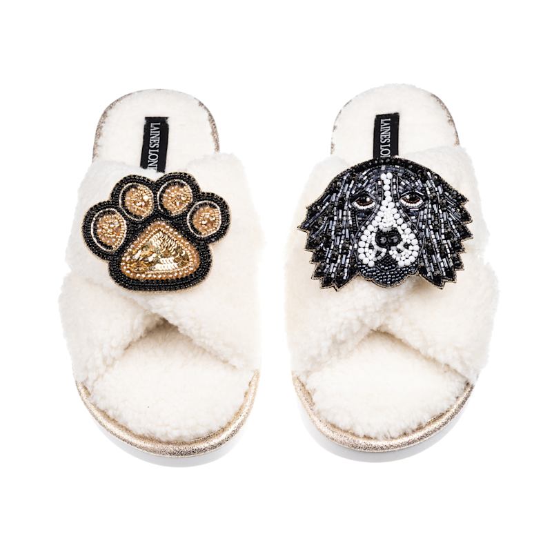 Thumbnail of Laines Neutral Boucle Slippers With Bentley The Spaniel & Paw Brooches - Cream image