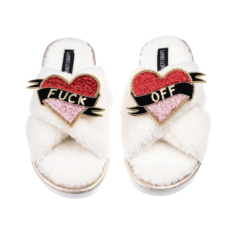 Thumbnail of Laines Neutral Boucle Slippers With Fuck Off Brooches - Cream image