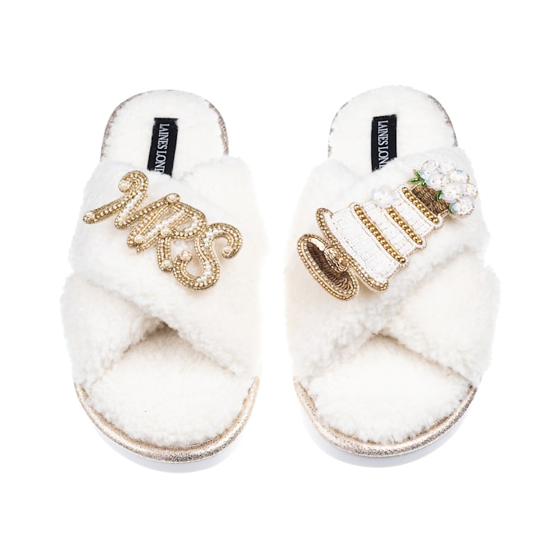 Thumbnail of Laines Neutral Boucle Slippers With Wedding Cake & Mrs Brooches - Cream image