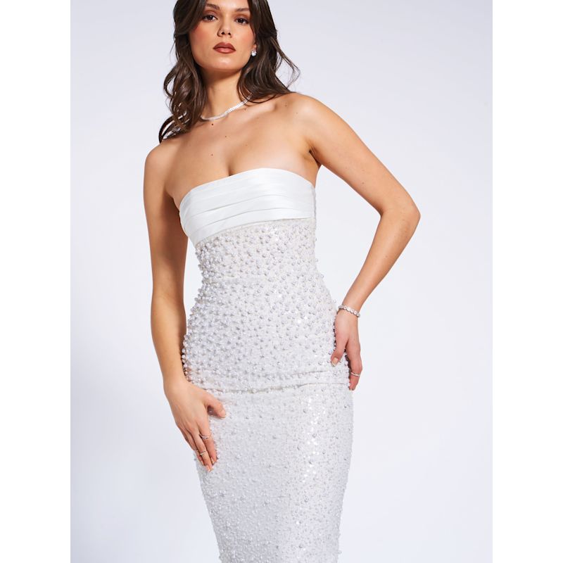 Lainey White Satin Sequin Pearls Beaded Maxi Dress | Miss Circle New York |  Wolf & Badger