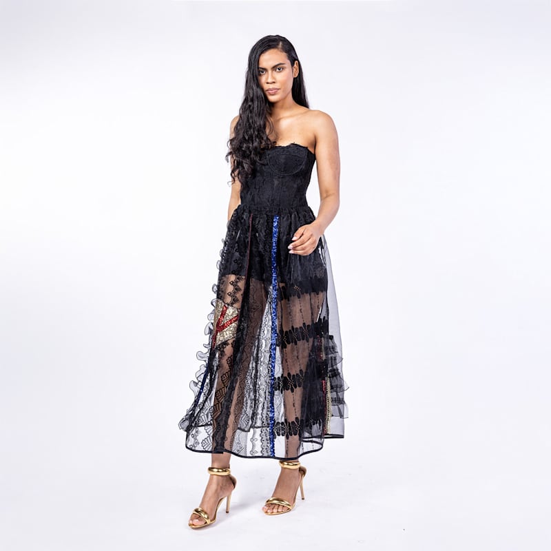 Thumbnail of Lalalu - Black Multi Lace And Chiffon Skirt With Sequinned Embellishments image