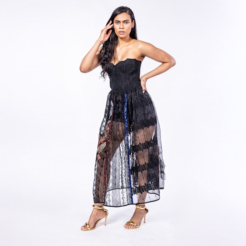 Thumbnail of Lalalu - Black Multi Lace And Chiffon Skirt With Sequinned Embellishments image