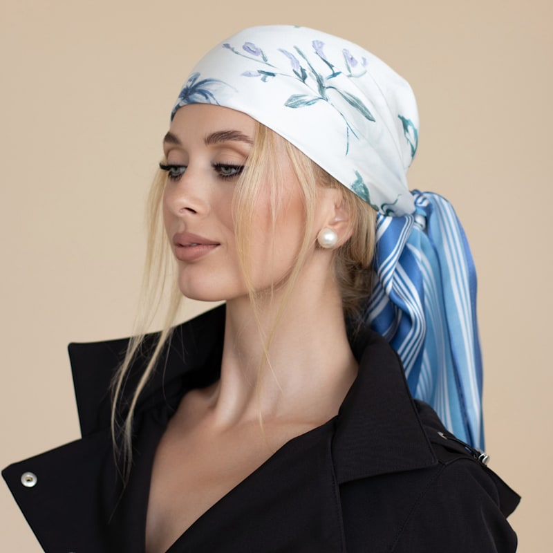 Thumbnail of Large Blue Floral Natural Silk Scarf image