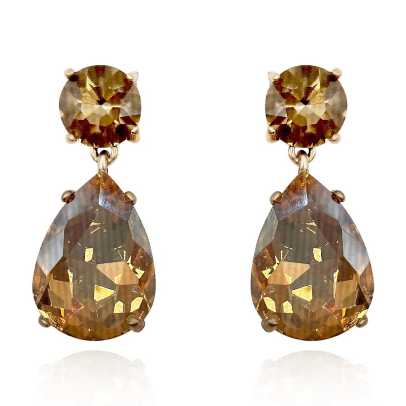 Thumbnail of Marina Large Pear-Faceted Champagne Crystal Drop Pierced Earrings In Brass With Gold Plating image