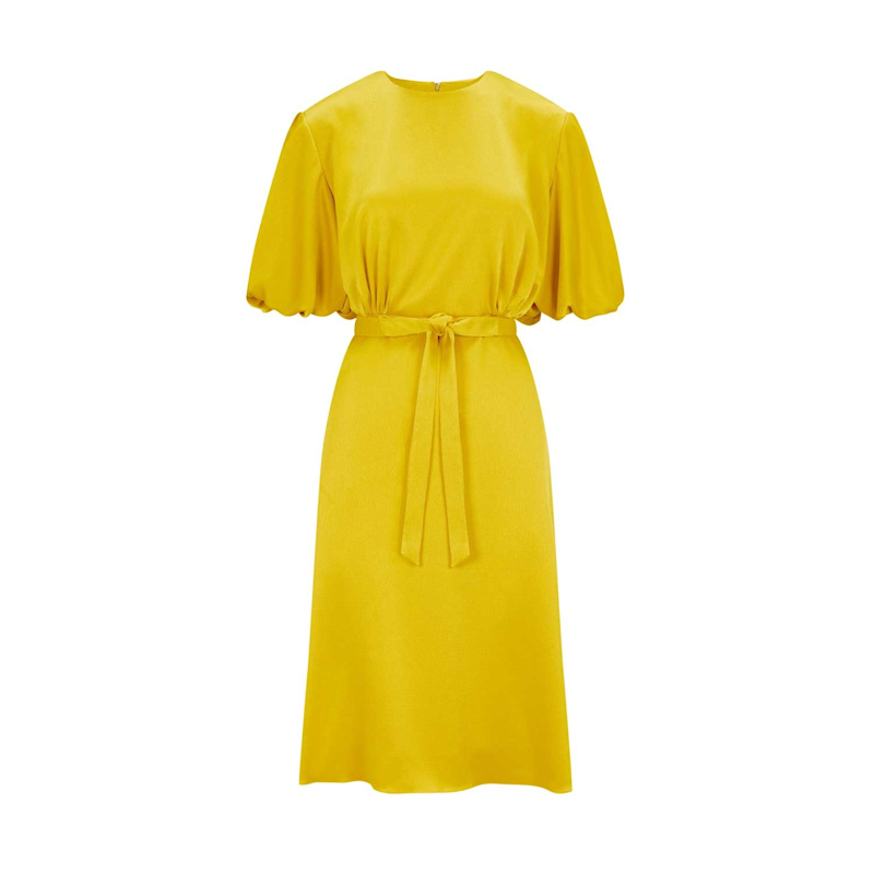 Thumbnail of Draped Puff Sleeve Satin Dress - Golden Yellow image