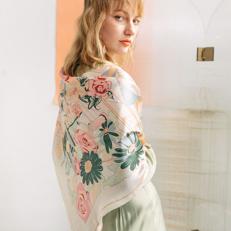 Thumbnail of "Vintage Blooms" Large Silk Scarf - Champagne image
