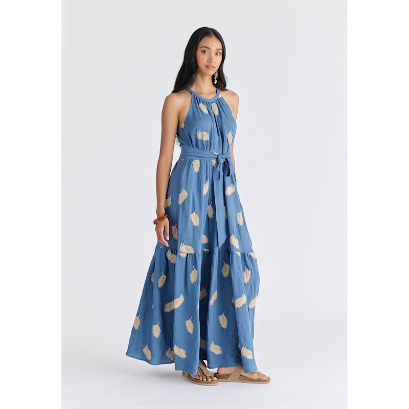 Thumbnail of Leaf Embroidered Halterneck Maxi Dress In Blue image