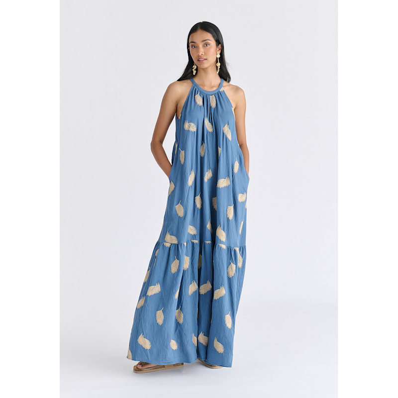 Thumbnail of Leaf Embroidered Halterneck Maxi Dress In Blue image