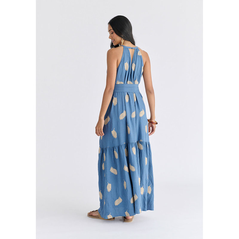 Thumbnail of Leaf Embroidered Halterneck Maxi Dress In Blue image