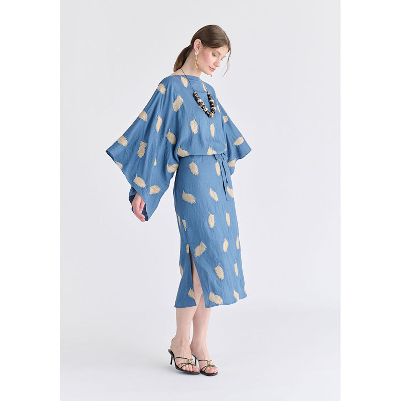 Thumbnail of Leaf Embroidered Kimono Sleeves Midi Dress In Blue image